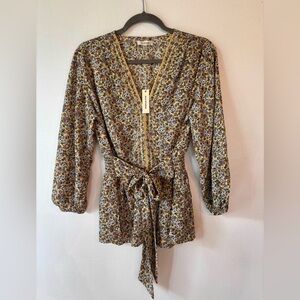 Max Studio Sheer Floral V-Neck Long Sleeve Tie-Waist Blouse NWT SzL